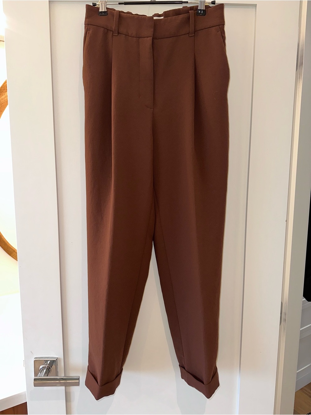 Wilfred Brown High-Rise Tapered Cuffed Trousers crepete material